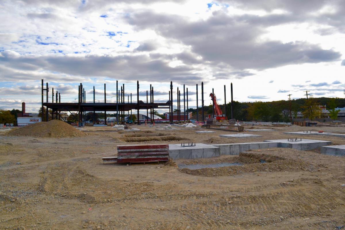 Steel columns are quickly being erected during early construction of the new Middle-High School 