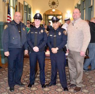 The Town Manager and Police Chief Stand with New Saugus Police Officers Alison Cooper and Jean Giraldo 